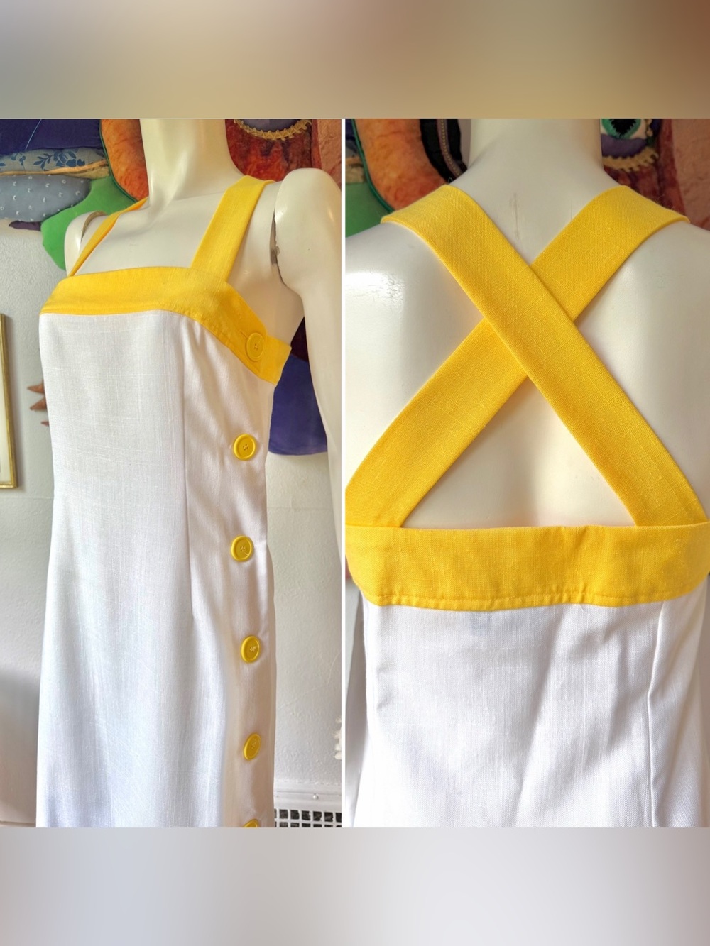 Vintage 1970s 1980s SIDE BUTTON DRESS Cotton White Yellow ‘Pedestal’ Cross Back